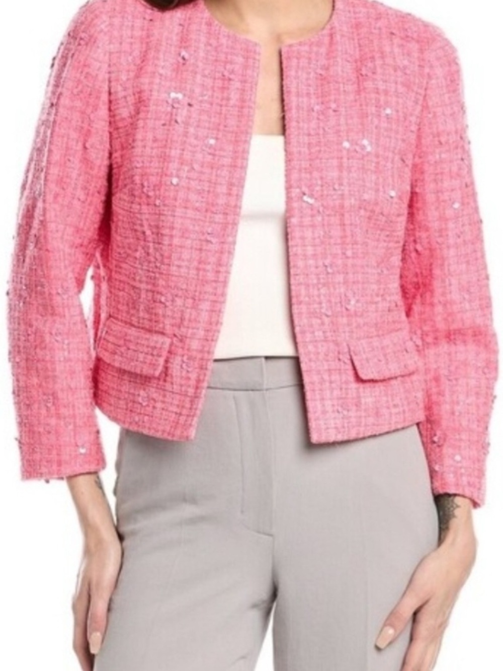 Anne Klein Pink Dahlia Sequin Tweed Collarless Jacket - Picture 1 of 9